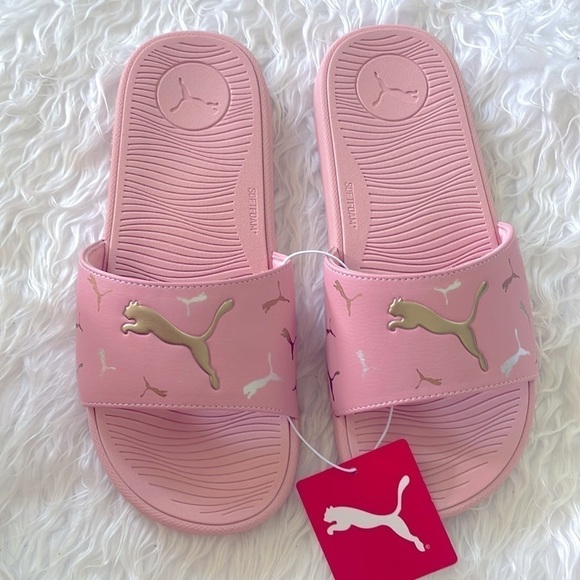 Brand New Puma Cool Cat 2.0 Toss Pink Large Strap Slides Sandals Metallic Logo - Picture 2 of 12